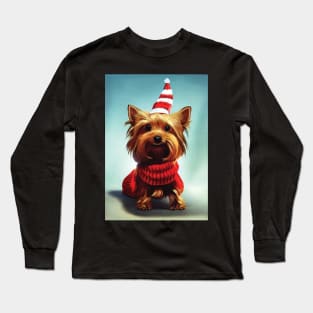 Christmas Yorkshire Terrier in a Festive hat and sweater Long Sleeve T-Shirt